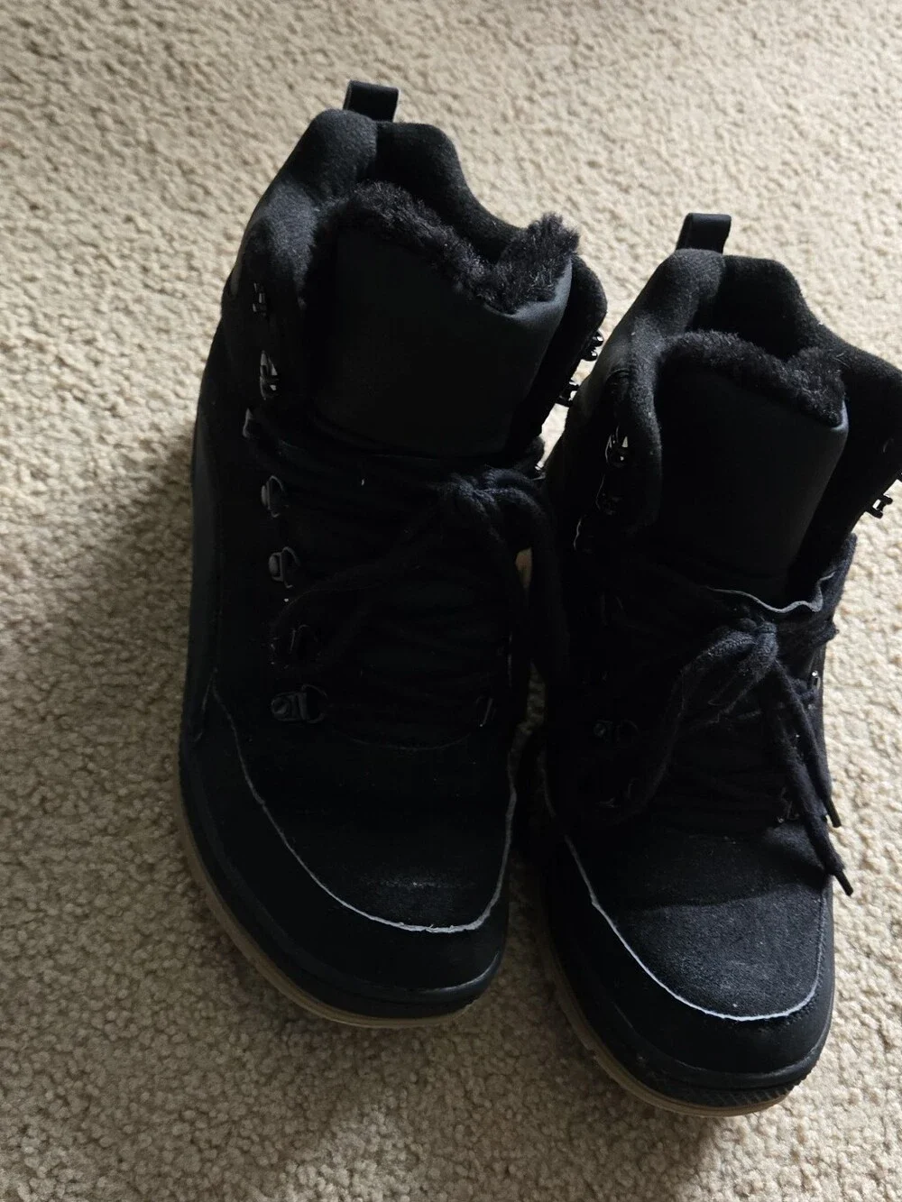 Black Lace-Up Fur Lined Hiking Boots with Rubber Soles